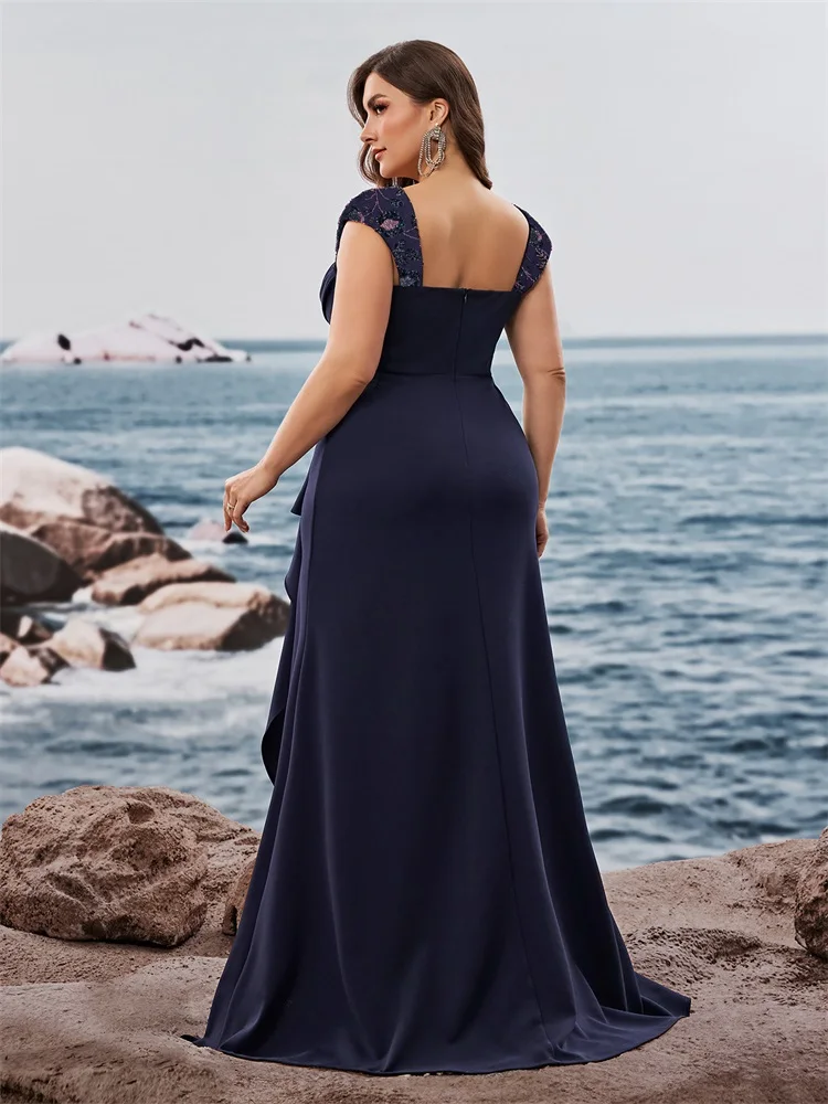 Lucyinlove Abiti da sera eleganti con paillettes Donne di lusso Colletto quadrato pieghettato Prom Party Lunghezza pavimento Abito da cocktail formale blu