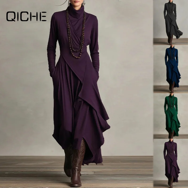 QICHE 2026 Autumn Winter Solid Women Long Sleeve Dress, High Neck Cross Front Irregular Hem Dress