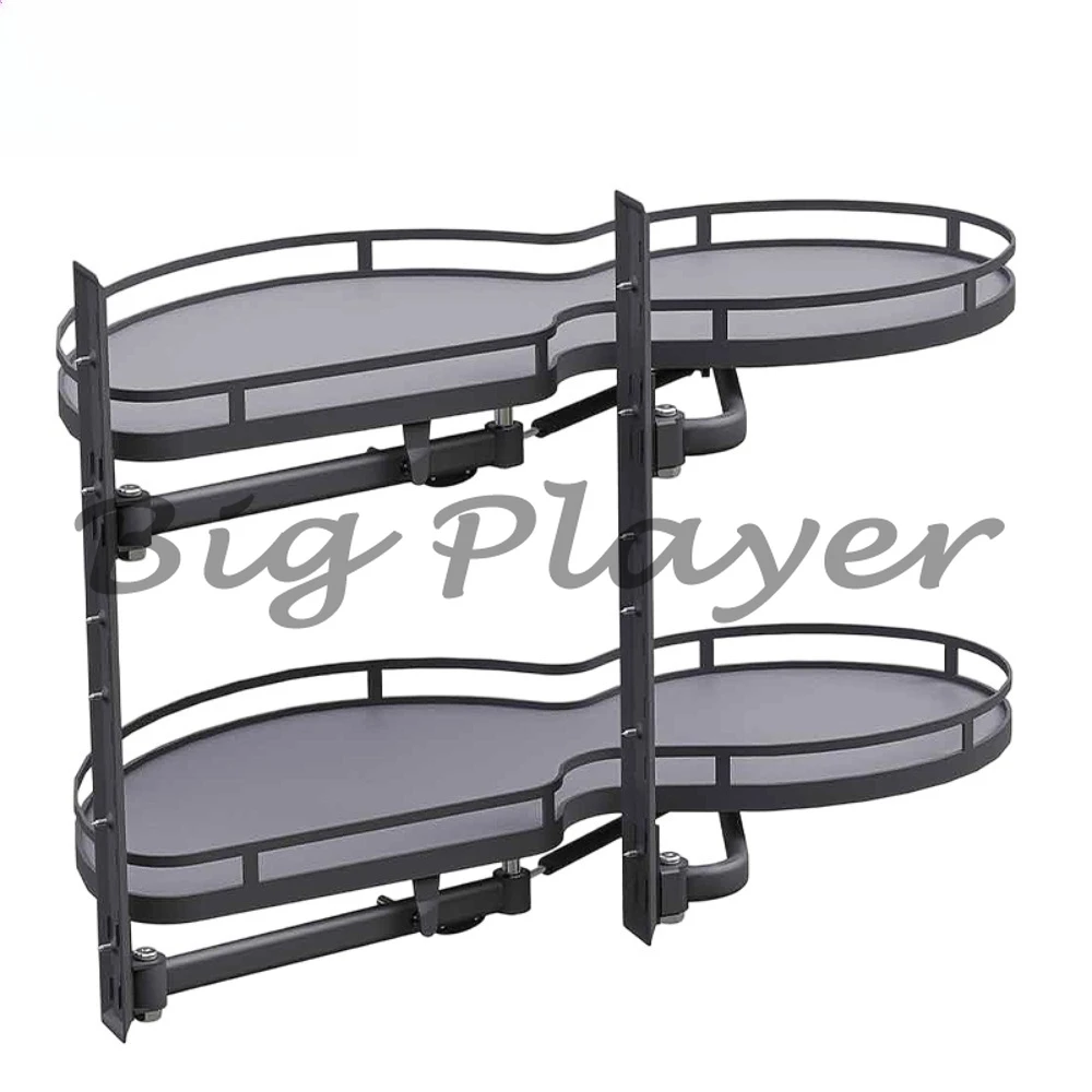 Space-saving kitchen cabinet blind corner solution with pull-out swing tray and modern magic corner drawer basket