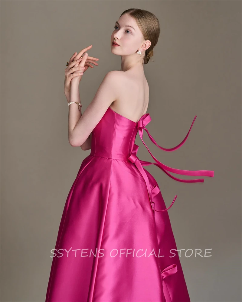 Modern Pink Long Formal Evening Dresses Strapless Celebrity Party Gowns A Line Prom Dress Dubai Sleeveless Bow vestidos de gala