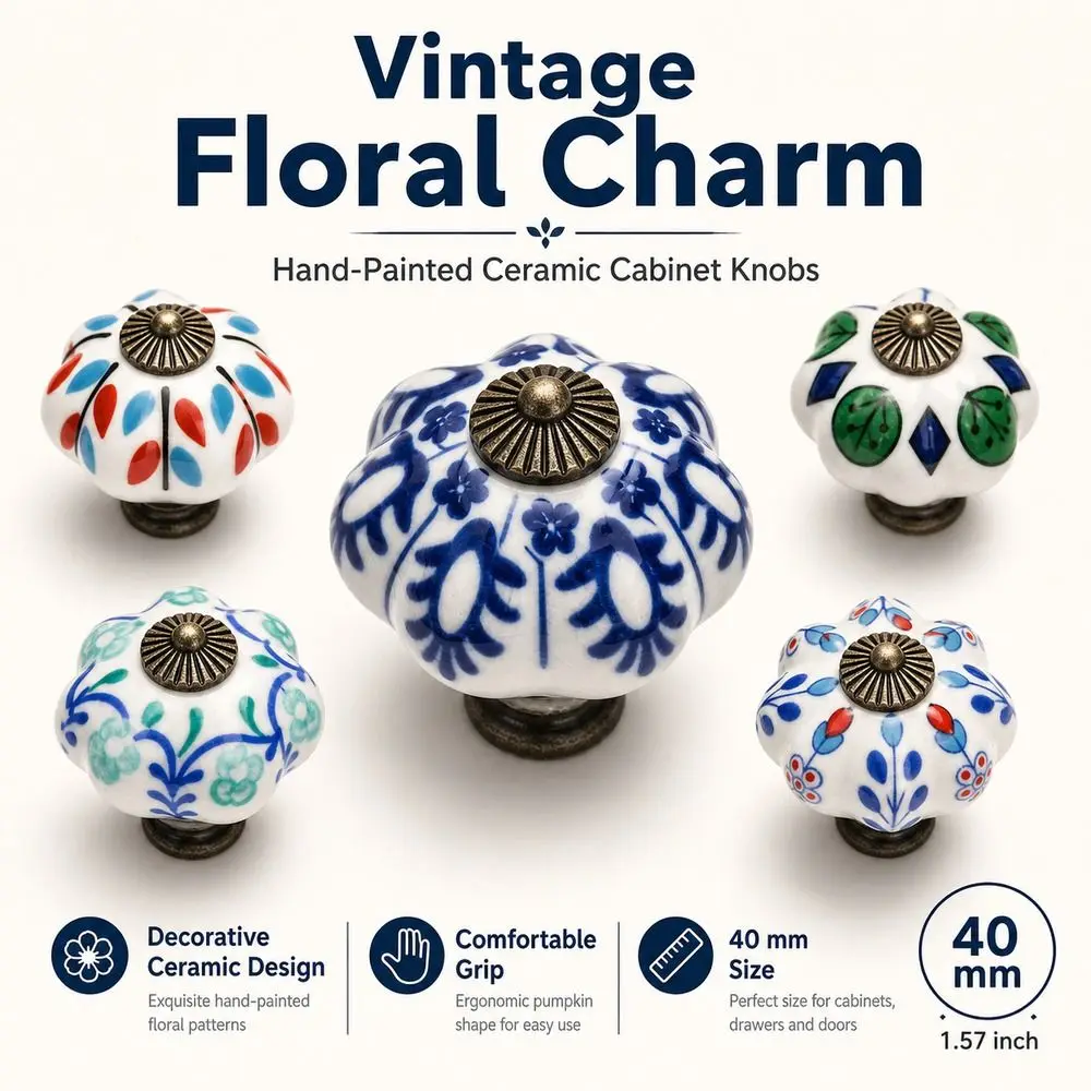 New Ceramic Drawer Pulls Floral Pattern Pumpkin Shape Cabinet Door Knobs Vintage Style Furniture Knobs Cupboard Door