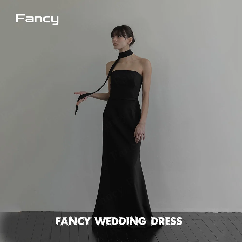 

Fancy Simple Black Strapless Wedding Dress Korea Photo Shoot Mermaid Thick Satin Prom Gown Floor Length Zip Back customized