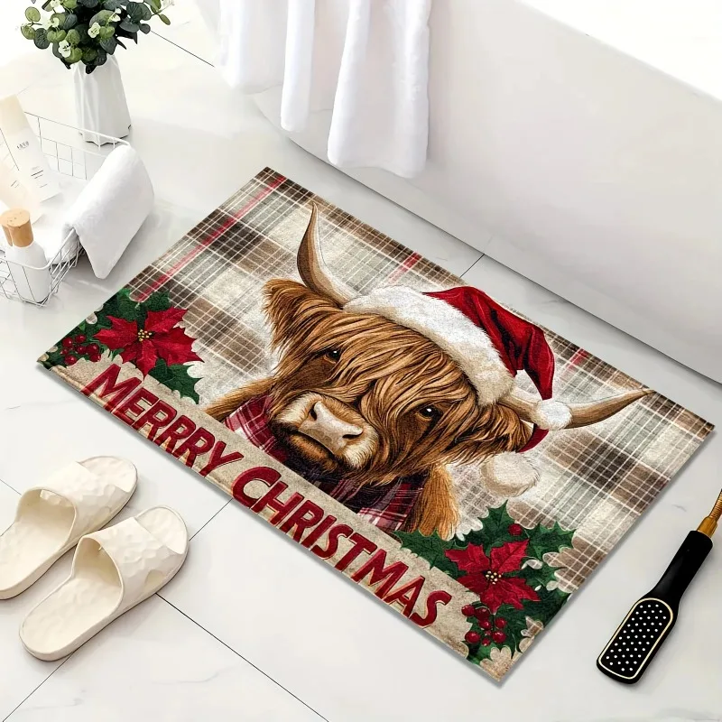 Highland Cow with Santa Hat Doormat Rustic Plaid Christmas Mat Ultra-Fine Fiber Non-Slip Rug for Festive Home Decor
