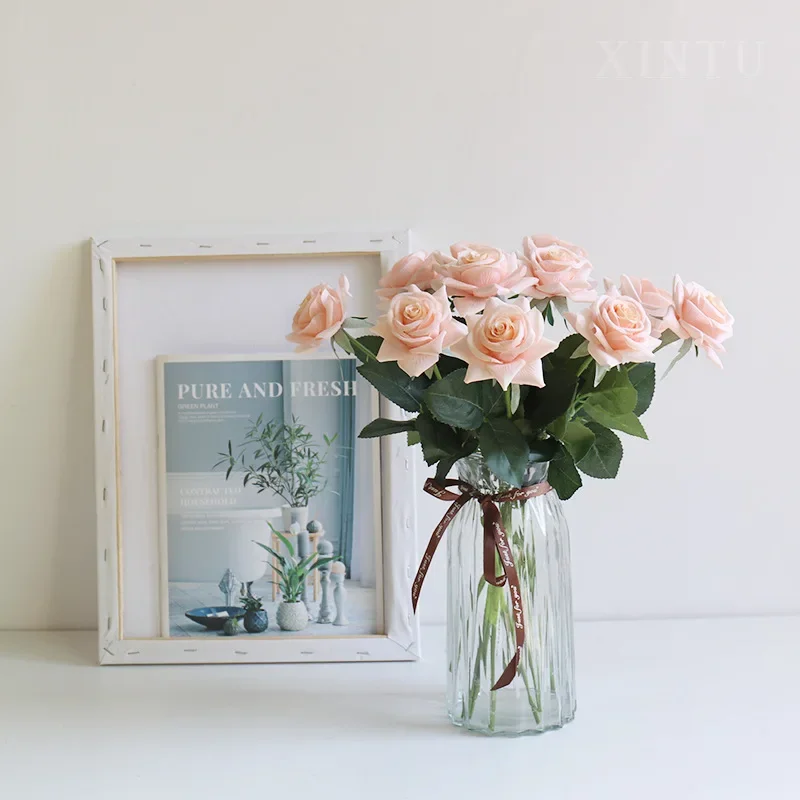 

High imitation rose fake flower home living room decoration flower wedding single touch moisturizing rose crushed ice blue