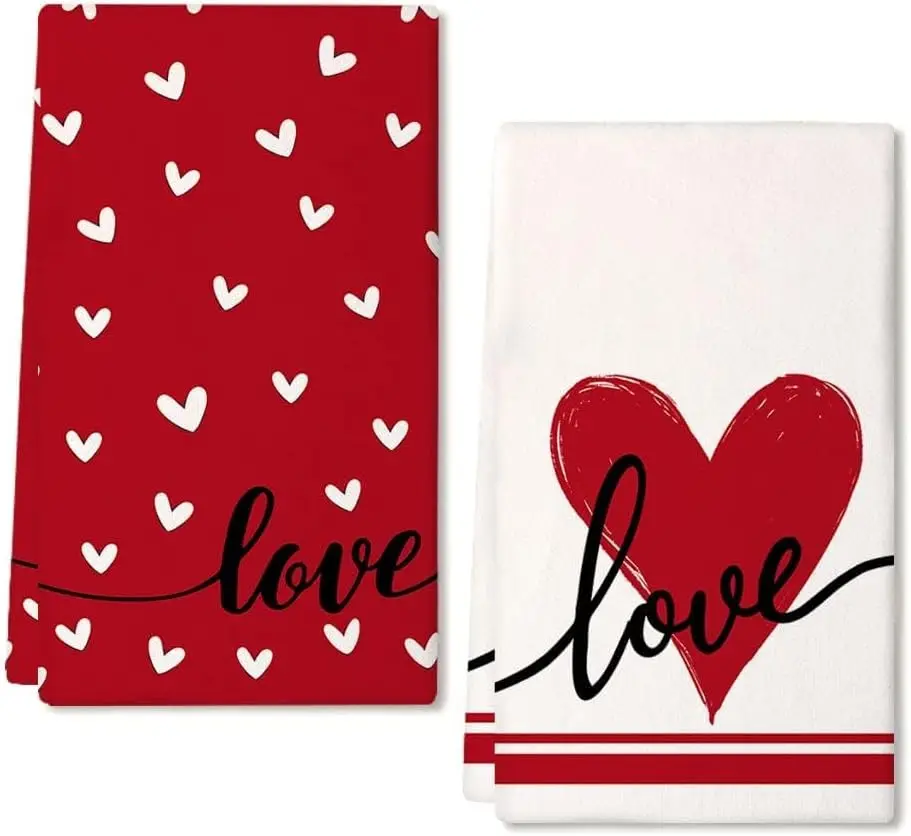 2PCS Valentine's Day Kitchen Towels 40X60CM Red Love Heart Stripe Dish Hand Towels for Wedding Anniversary Cooking Bathroom