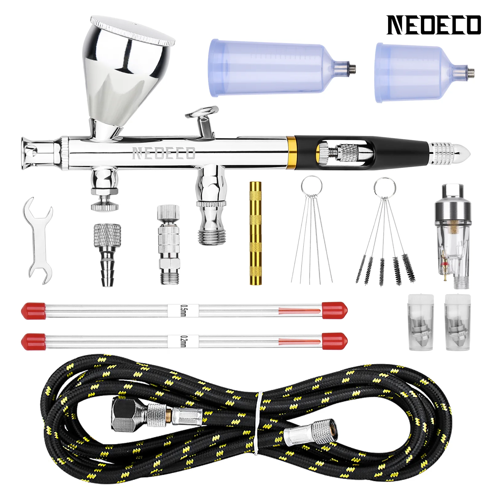NEOECO NCT-SJ83RS1 Dual Action Airbrush 9cc 1/3 oz vloeistofbekers snel verwijderen luchtkap mondstuk zwaartekrachttoevoer met accessoires
