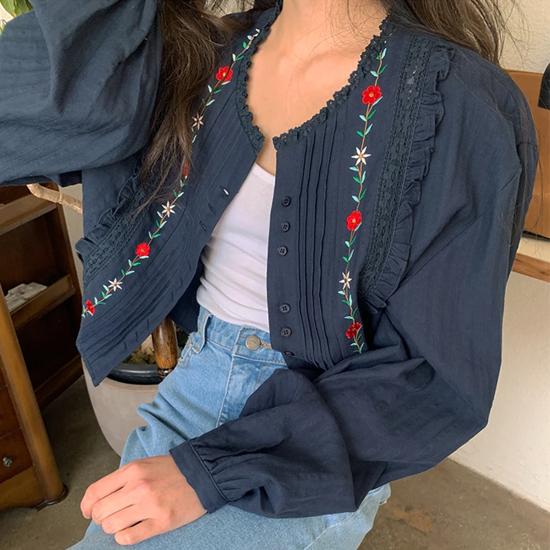 

Chic Sweet Gentle round Ne Heavy Embroidery Pleated Splice Design Loose Bubble Sve irt Women's Top Comfortable Casual ...