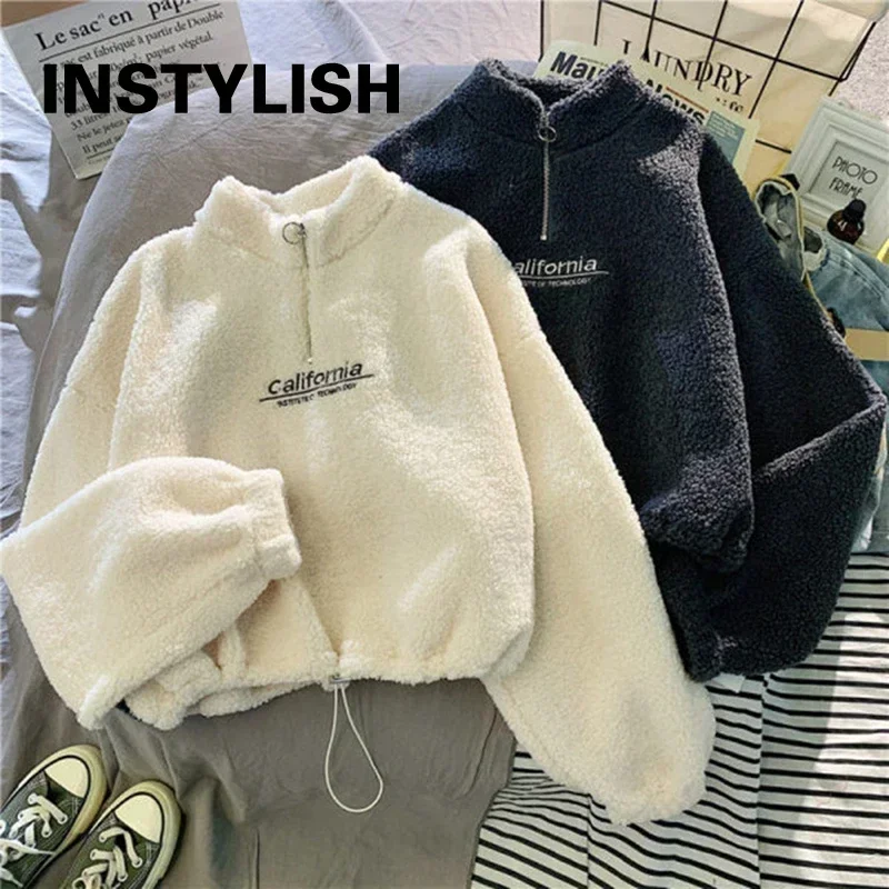 Women Half Zip Fleece Sweatshirt Letter Print Stand Collar Long Sleeve Hoodies Crop Top Casual Loose Warm Autumn Winter Pullover