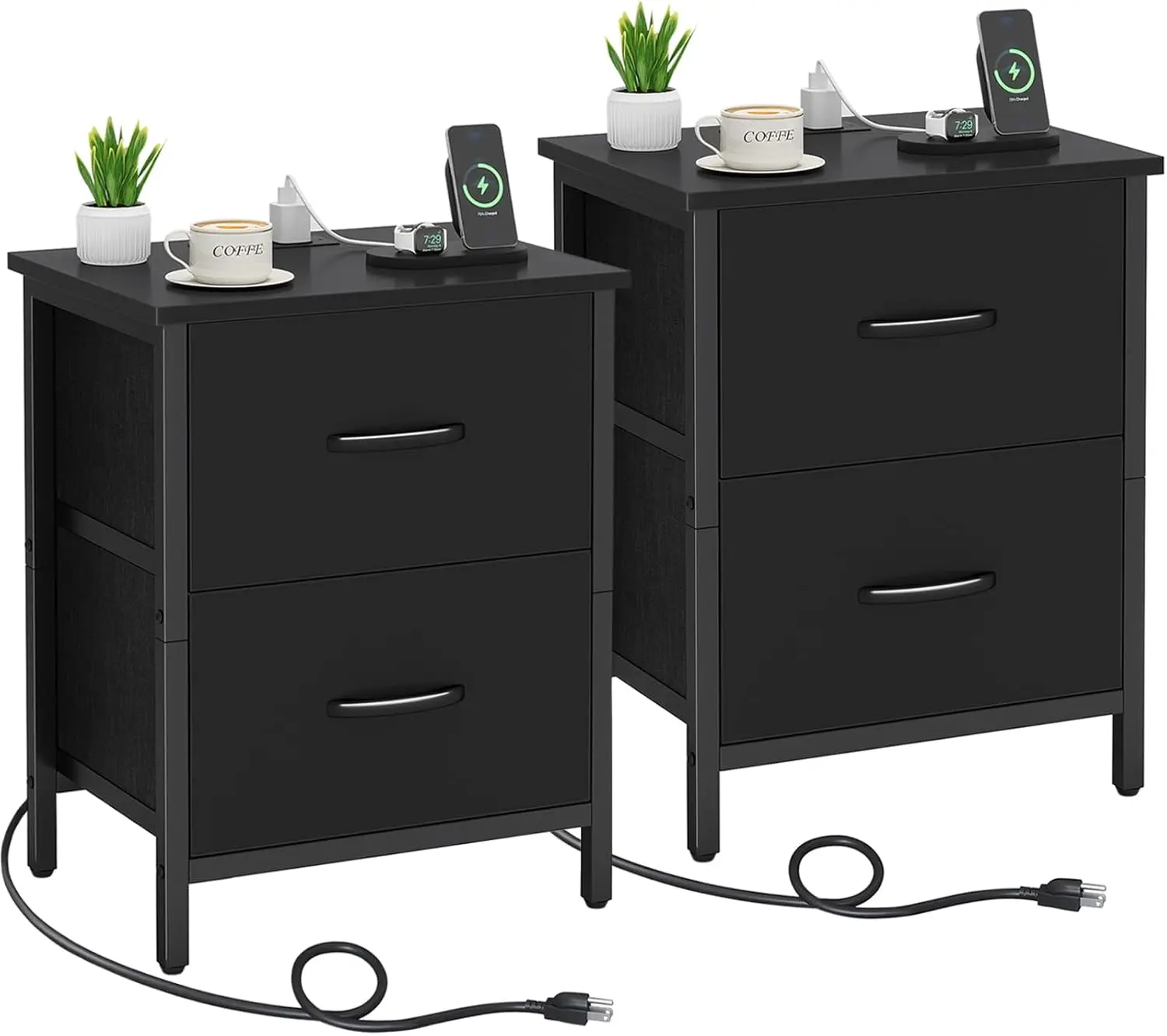 

Комплект из 2 прикроватных тумбочек с зарядной станцией, USB-портами и тканевыми ящиками для спальни или гостиной, черный