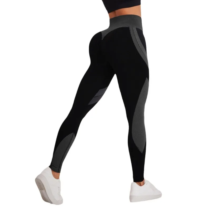 Seamless Breathable High Waisted Contrasting Yoga Pants Women Tight Fitting Hip Lifting Black Long Striped Sports Yoga Leggings