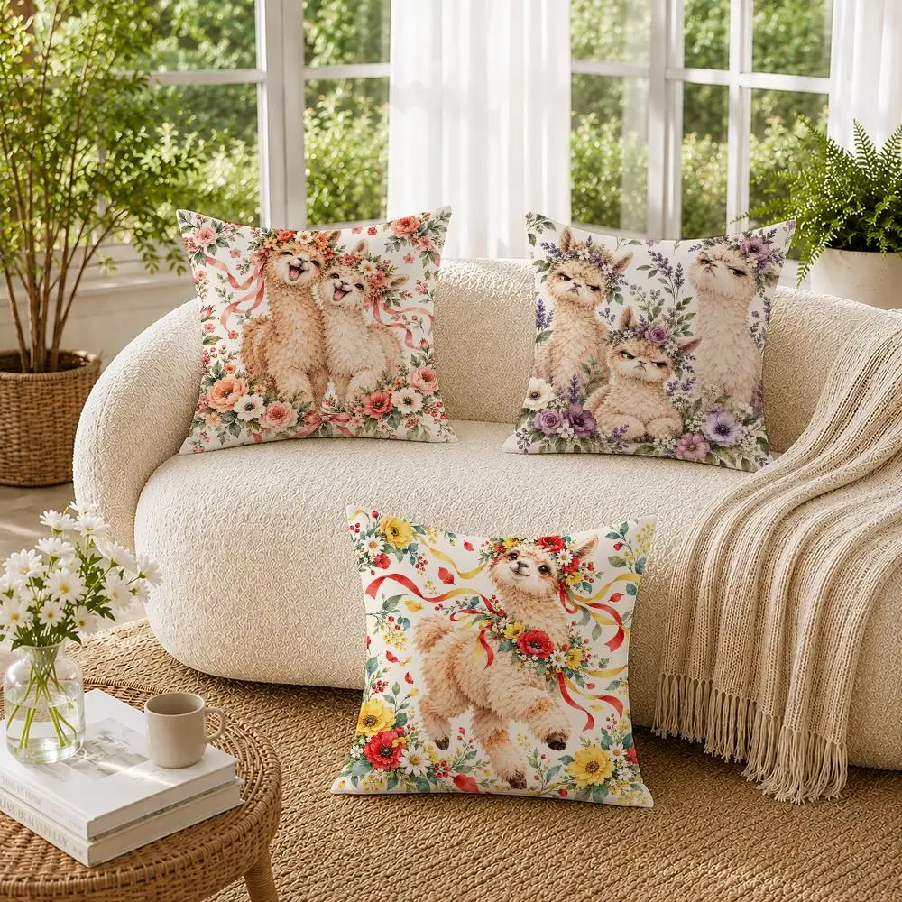 Alpaca Flower Crown Cushion Cover Soft Short Plush Pillow Cases Hidden Zipper Cutecore Sofa Bedroom Home Decor Gift