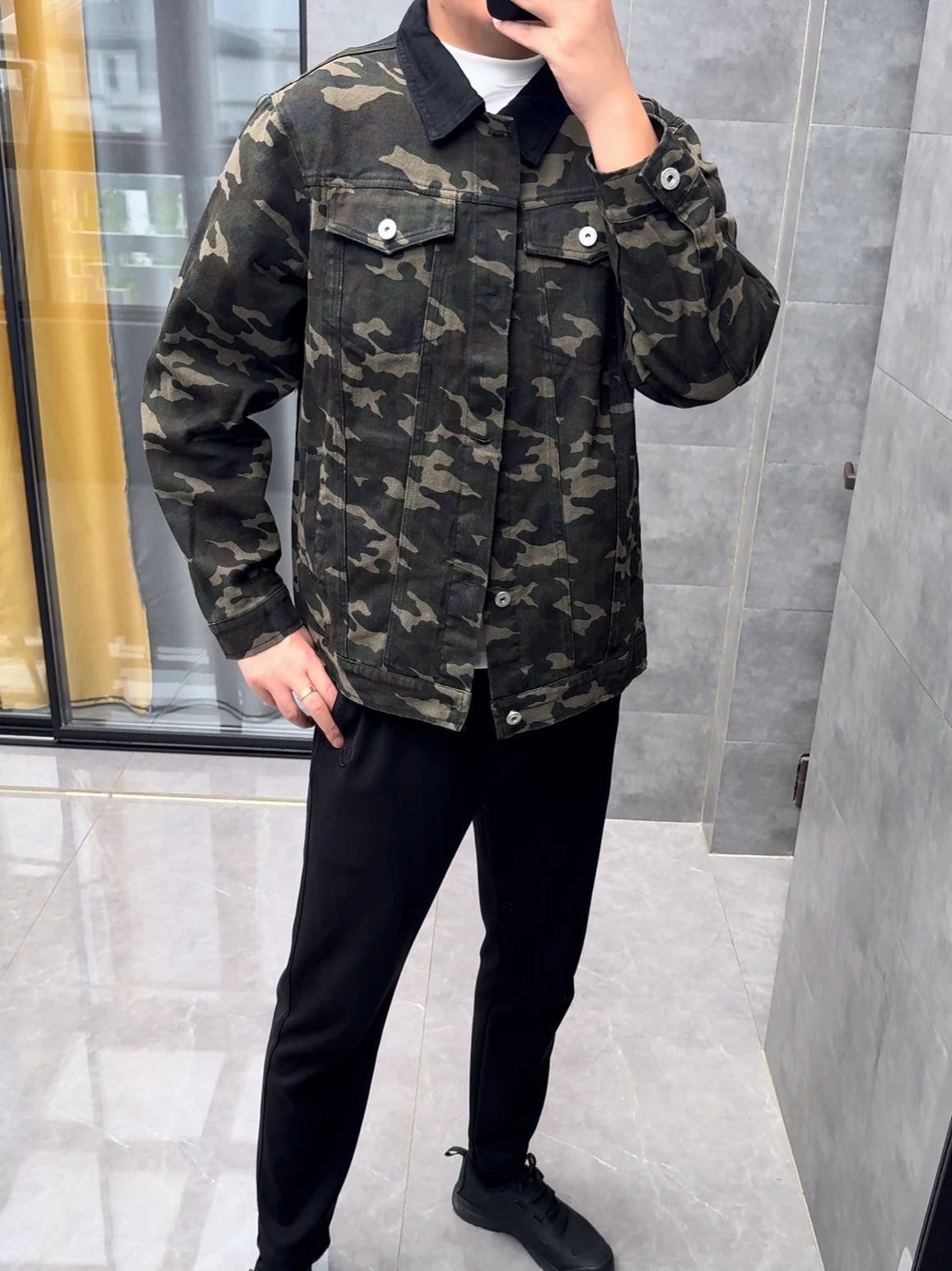 

Men's Camouflage Workwear Jaet Autumn American Retro Denim Patchwork Color Outdoor Coat Long Sve Stand Fit Flip Collar