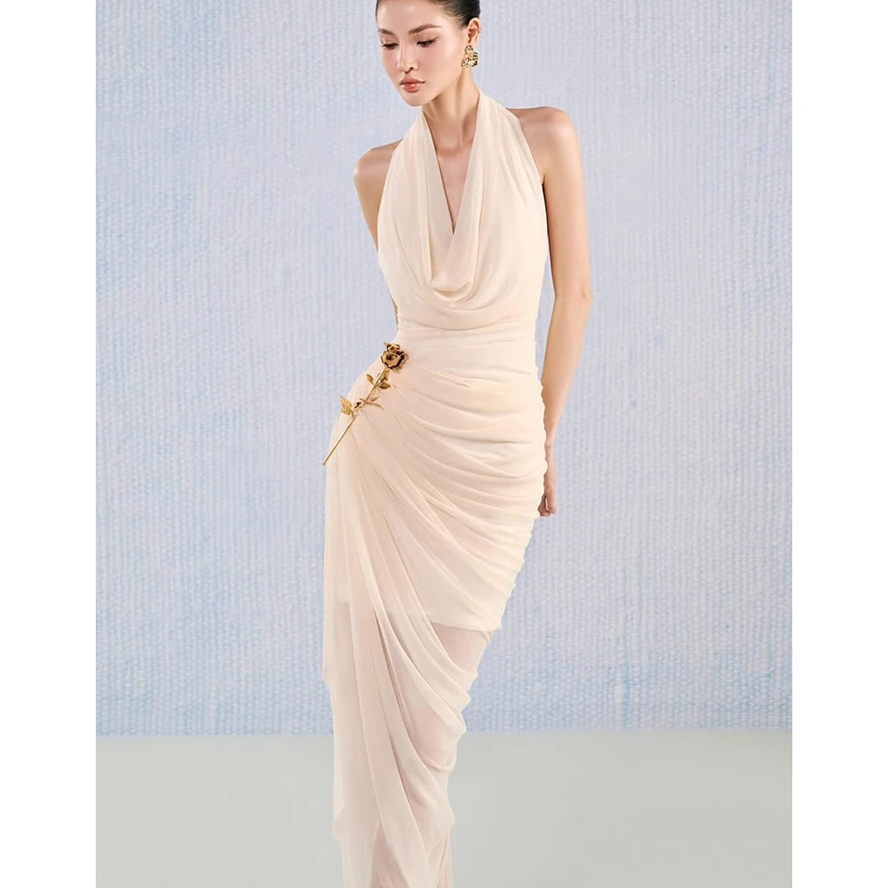 Soft Champagne Halter Neck Chiffon Evening Dress 2025 Ruched Bodycon Gown Backless Formal Party CustomSize Dress