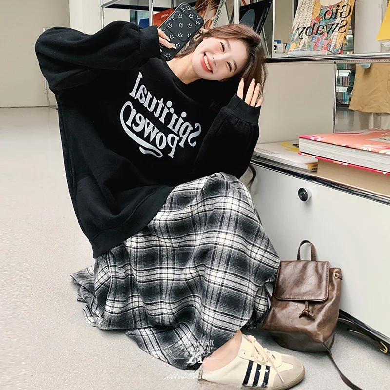 

plus Size 300 Pou Women's Plaid Sweatirt Dr Letter Print Splicing Loose Long Skirt Autumn Season Casual Sle