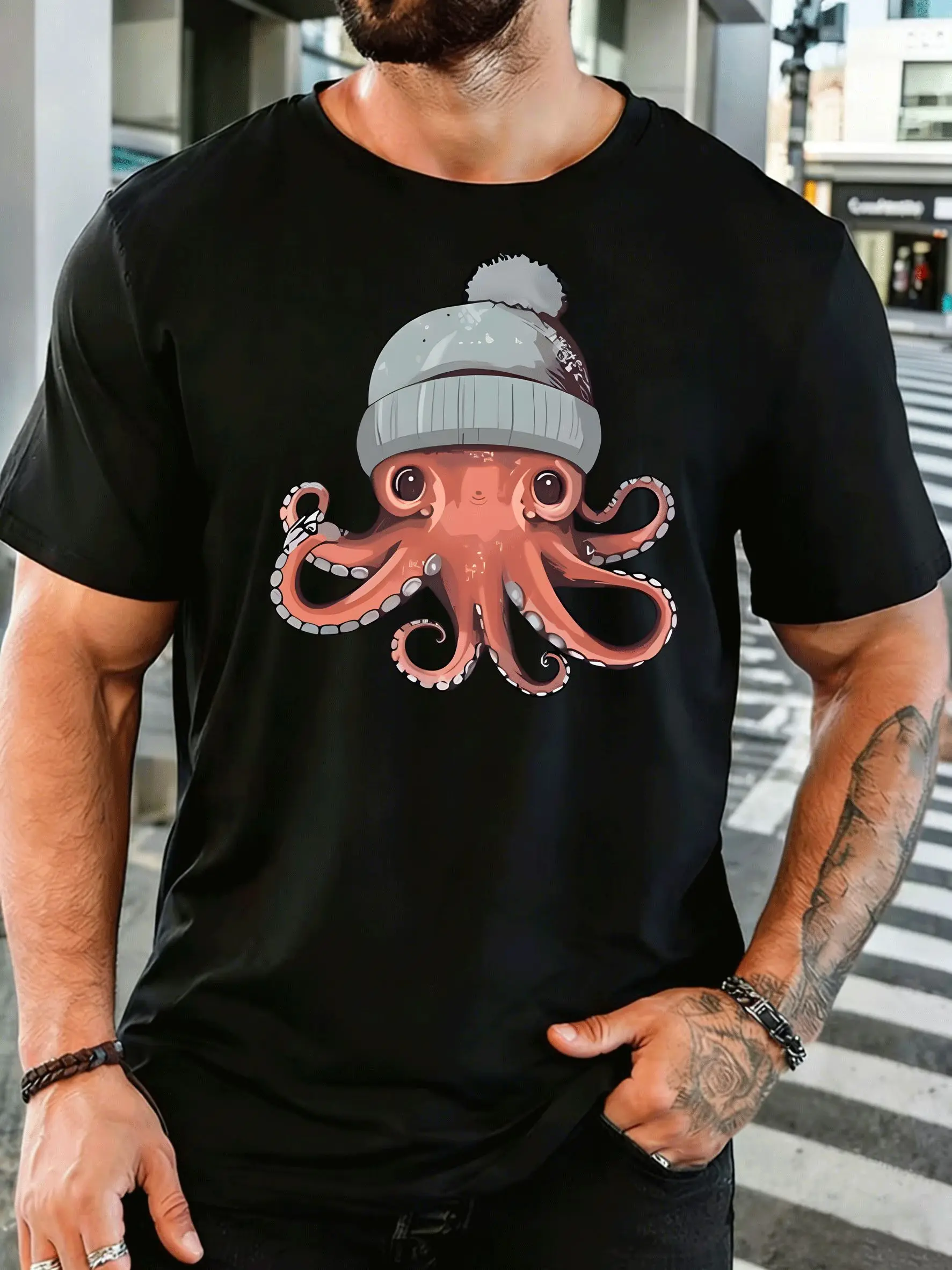 Cute Octopus Wearing Winter Beanie Hat Mens Front Print T Shirt Sea Creature Tee Casual Short Sleeve Top Ocean Lover Gift