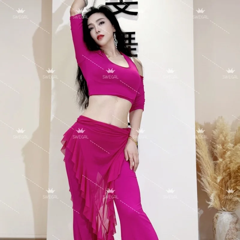 Costumes de danse du ventre personnalisés, vêtements d'entraînement, modal, épaules dénudées, haut à col suspendu, pantalons légèrement évasés, vêtements de danse