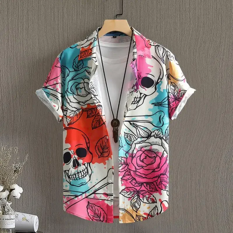 Summer Men's Social Casual Hawaiian Floral Short Sleeve Shirt Vintage Flower Pattern Beach Y2k Harajuku Fashion Luxury Clothing