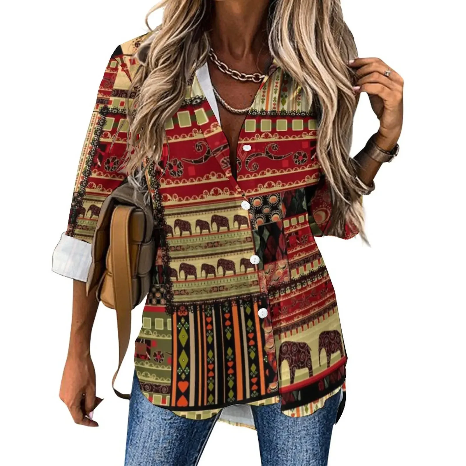 Indian Elephant Art Casual Blouse Spring Autumn Long Sleeve Colorful Floral Print Cool Blouses Woman Basic Shirt Graphic Clothes