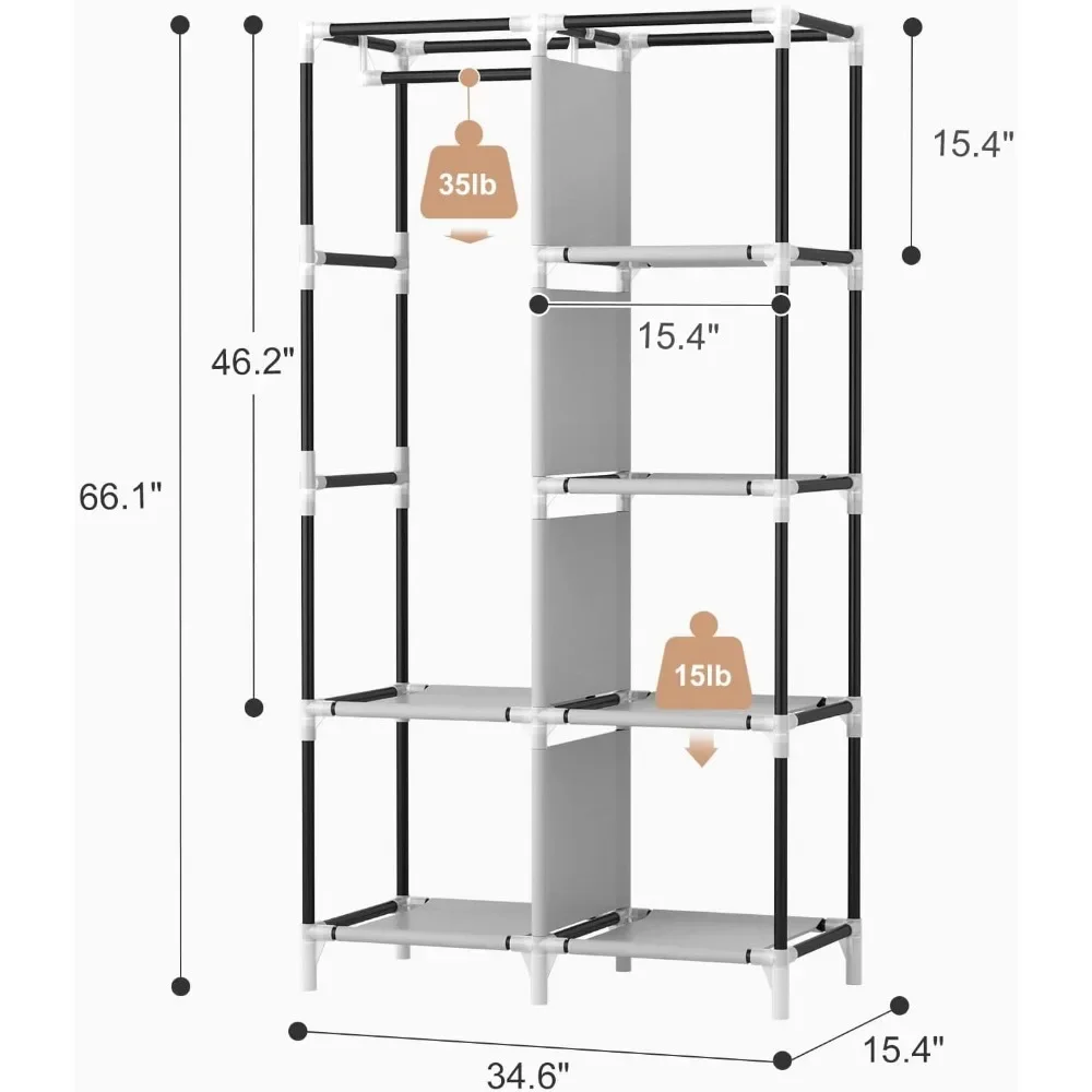 Portable Closet Wardrobe for Hanging Clothes with 6 Storage Shelves,1 Hanging Rod and 4 Pockets,Free Standing Closet Clothes