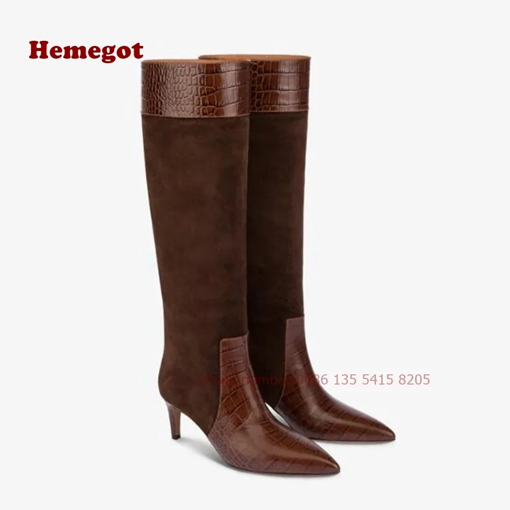 Long Pointed Boots Croco-Embossed and Suede Patchwork Women\'s Knee High Boots Thin Heels Slip On Glossy Brand Casual Shoes 2024