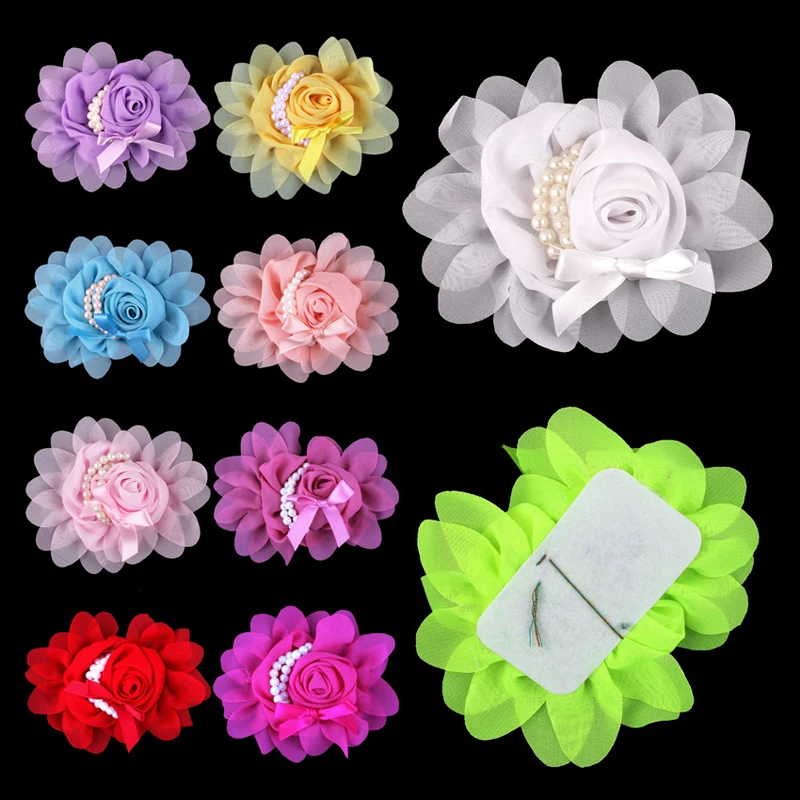 5pcs/lot 14 Colors-HOT SALE Excellent Quality Lovely Chic Soft Fabirc Chiffon Flower With Pearls Artificial Flowers For Wedding