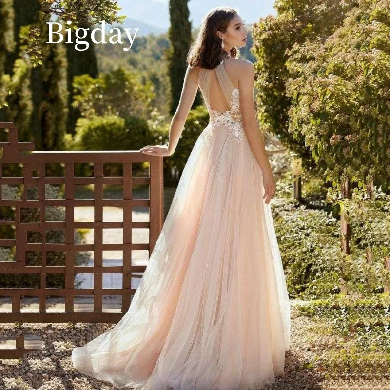 Elegant A-Line Wedding Dress For Women 2024 White Halter Lace Open Back Tulle Applique Bridal Gown Sweep Train Vestidos De Novia