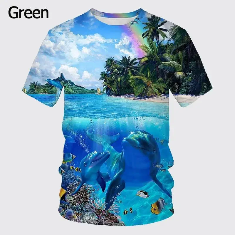 Men Starry Ocean Dolphin Floral 3D Print Crew Neck Short Sleeve Casual Tee