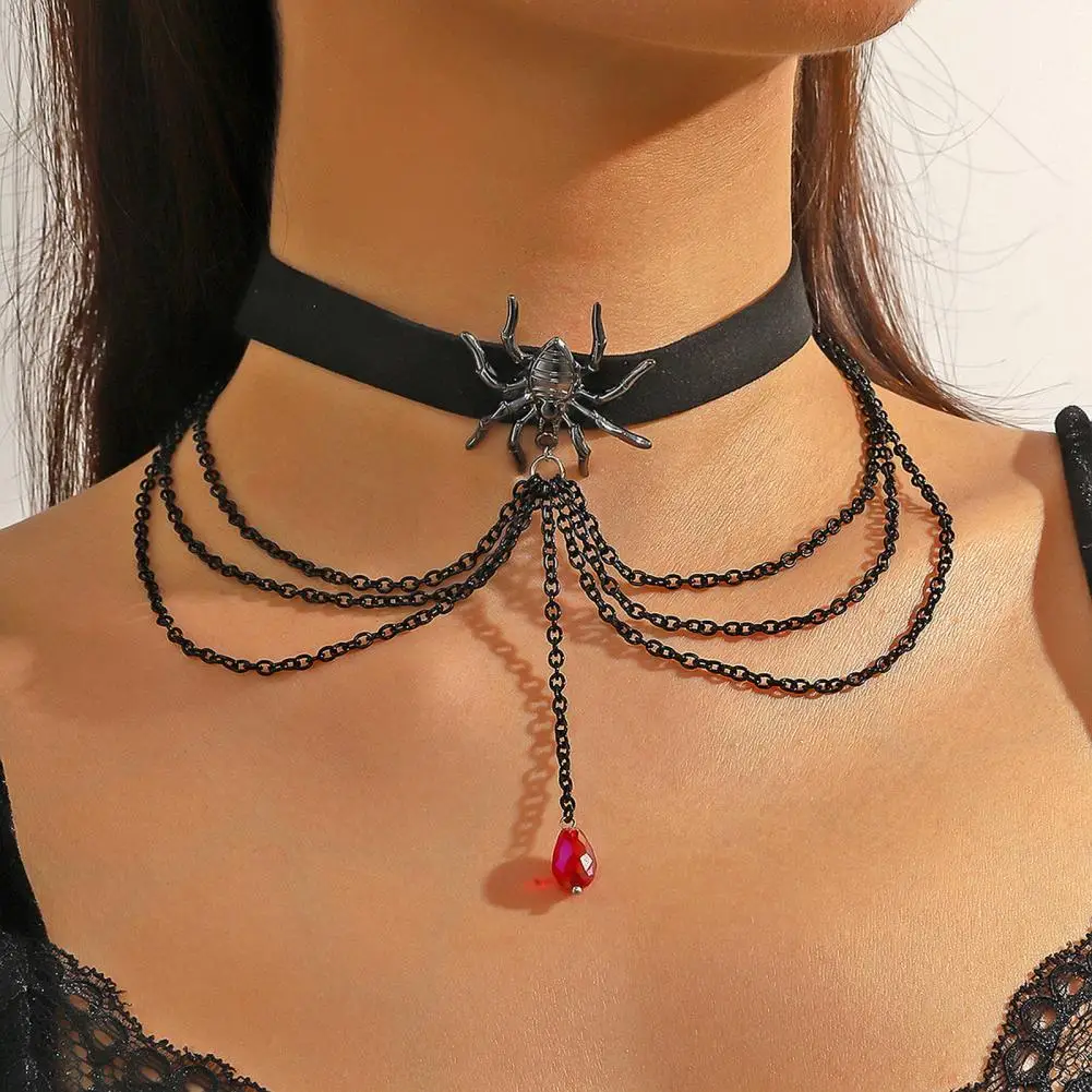 Lightweight Halloween Jewelry Dark Style Halloween Necklace with Spider Bat Skull Pumpkin Pendants Double-layer for Women