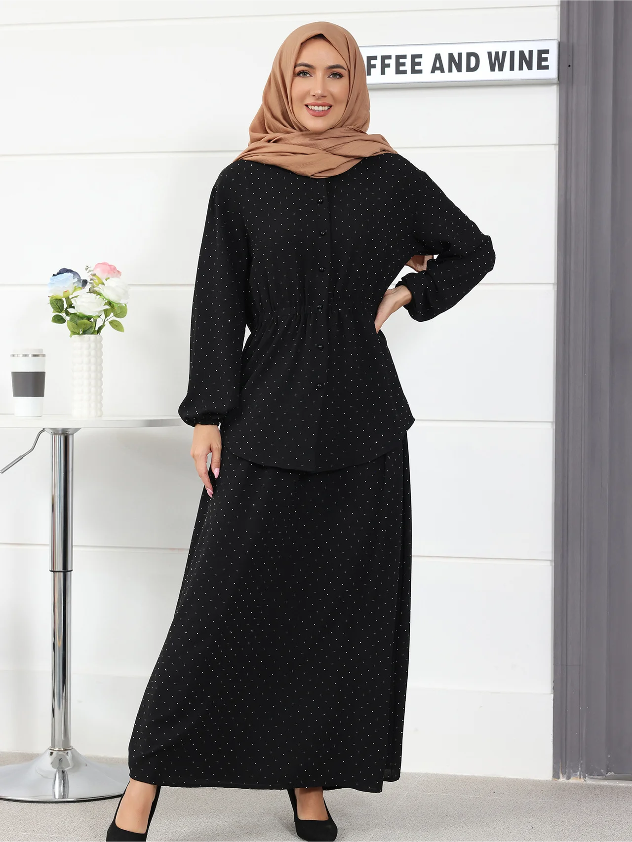 Ramadan Muzułmanki Dubaj Dwuczęściowy Zestaw Sukienka Guziki Topy Spódnica Garnitur Abaya Arabski Kaftan Islamskie Garnitury Eid Turcja Casual