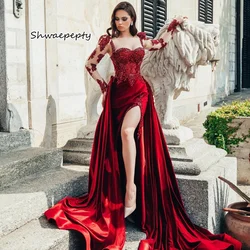 Sexy High Split Evening Dress With Detachable Train Beaded Dark Red Lace Delicate Long Sleeves Formal Prom Party Gown Customized