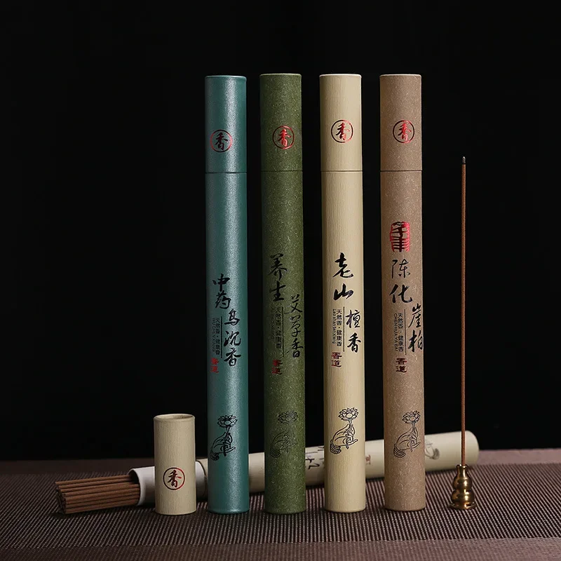 1Box Sandalwood / Agarwood / Mugwort / Cliff Cypress Incense Sticks With 1 Metal Incense Burner for Simple Home Decor