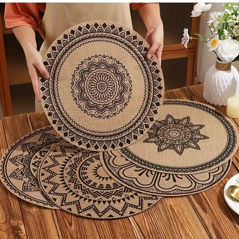 VIKAMA Boho Round Placemats Geometric Mandala Pattern Print Table Mats For Dining Room Kitchen Living Room Bohemian Decor