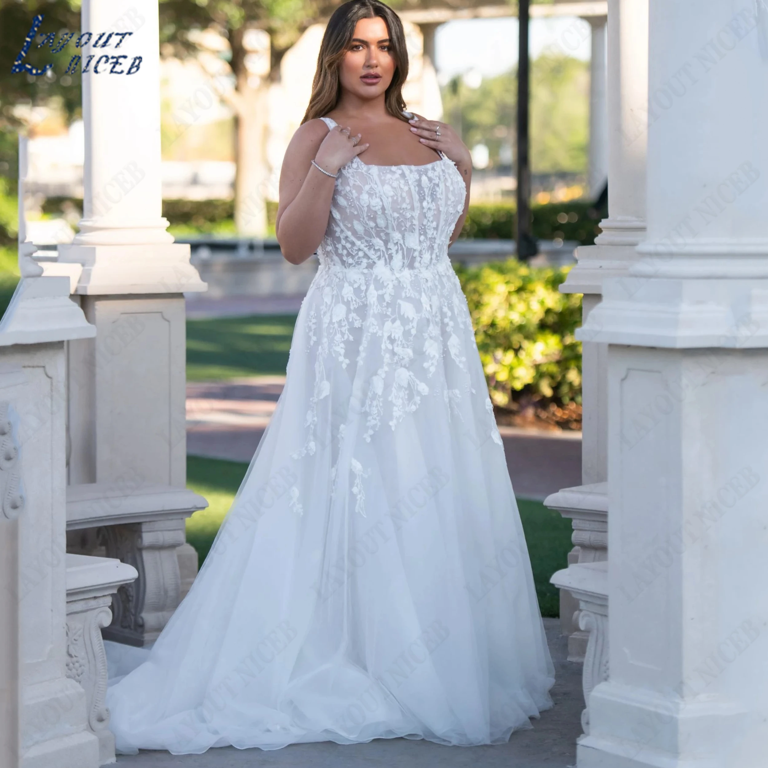 LAYOUT NICEB Customized With Slit A‑Line Wedding Dress Tulle Applique Bridal Dresses Square Neck Plus Size Bride Dress Pearl