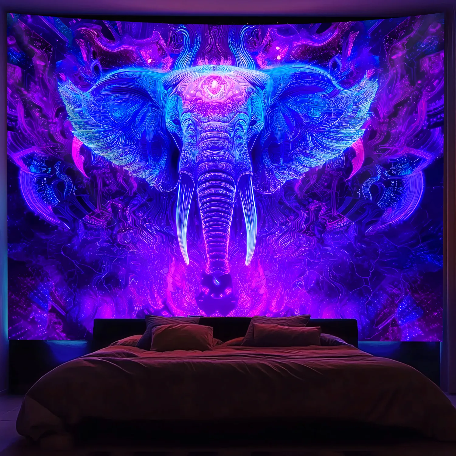 VIKAMA Wandteppich im Cyberpunk-Stil mit Elefantenflügeln, Neon-Lila, trendiger Wohnzimmer-Hintergrund, Wand- und Raumdekoration, Heimtextilien