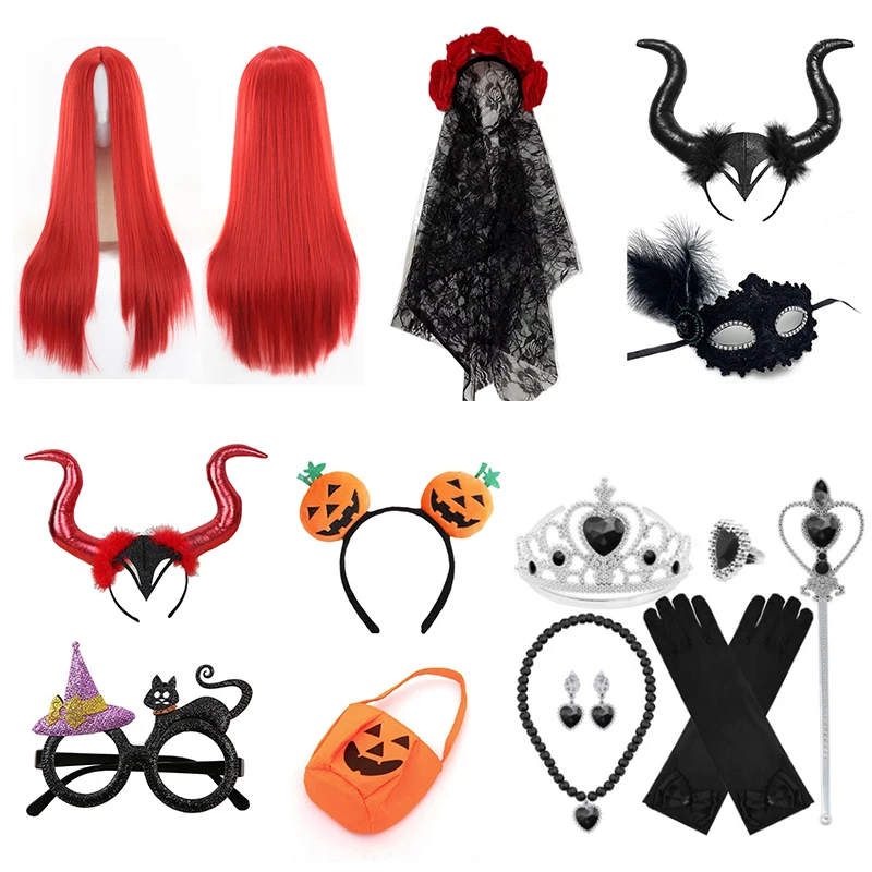 Children Halloween Party Accessories Girls Red Wig Witch Vampire Cosplay Dress up Kids Girl Black Headband