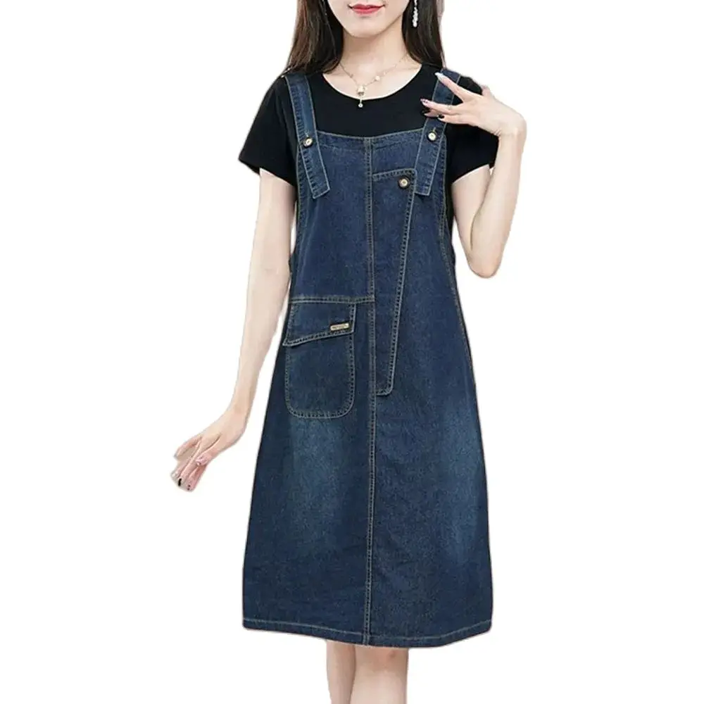 デニムストラップドレス女性 4XL 大きいサイズ新しい夏の韓国スタイルノースリーブジーンズドレスミディオーバーオールドレスカジュアルサンドレス