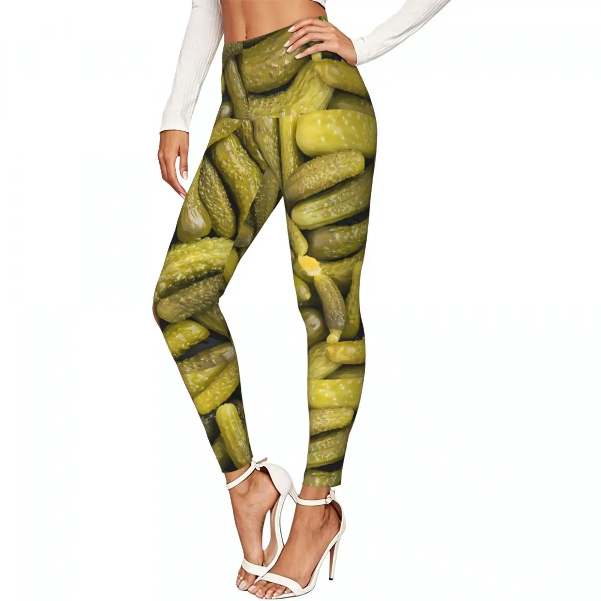 Women High Waist Elastic Leggings Cucumbers Background Slim Fit Stretchy Pants Casual Wear