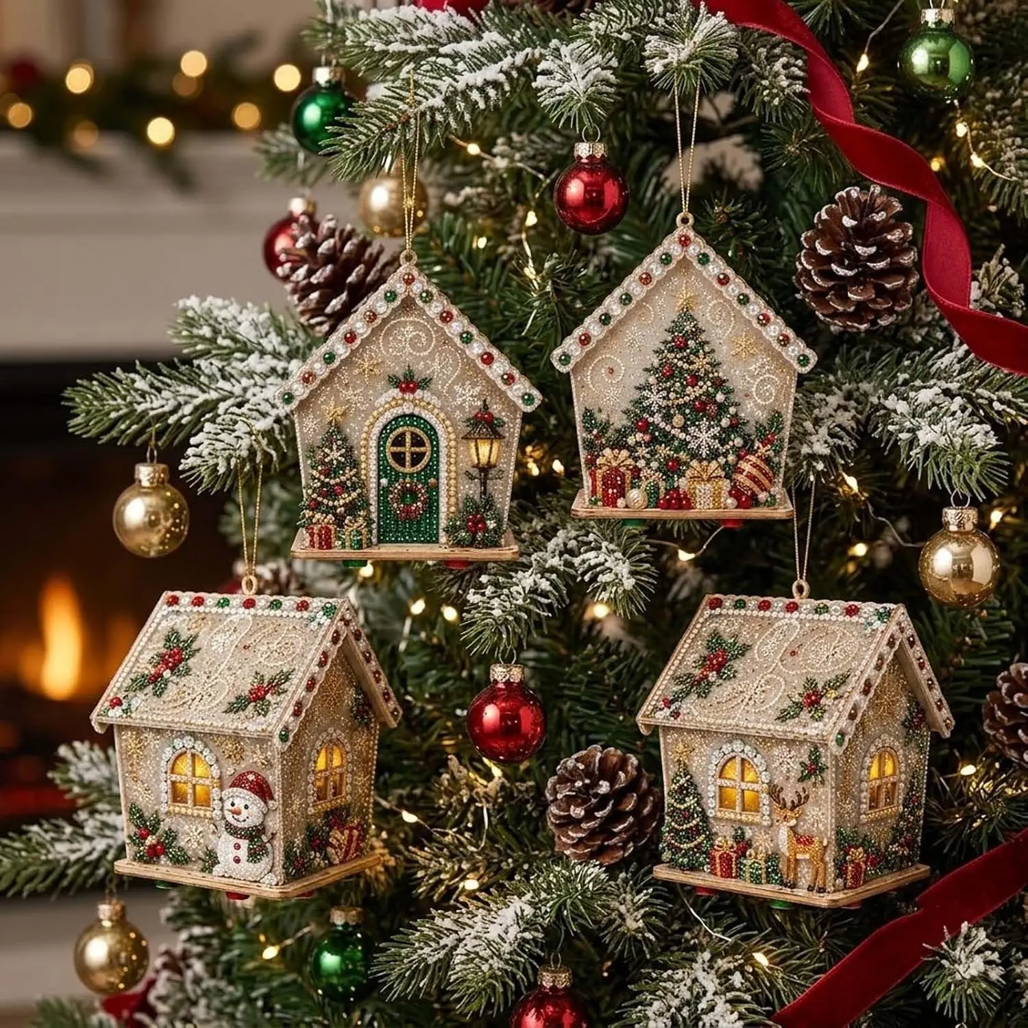 DIY Pearl Art Christmas House Diamond Painting Kit Gingerbread House Shape Xmas Hanging Ornament Set for Home Holiday Decor Gift
