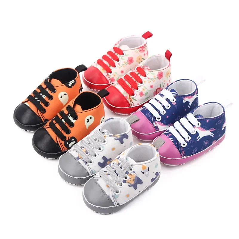 Chaussures à lacets pour bébé, souliers pour enfant, nouveau-né, nouveau-né, premiers pas, décontracté, coton, semelle souple, imprimé dessin animé,