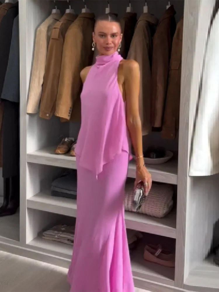 

Elegant Summer Party Pink Two-piece Outfit For Women Fashion High Neck Sleeveless Asymmetrical Top Chic Flowy Maxi Skirt Set