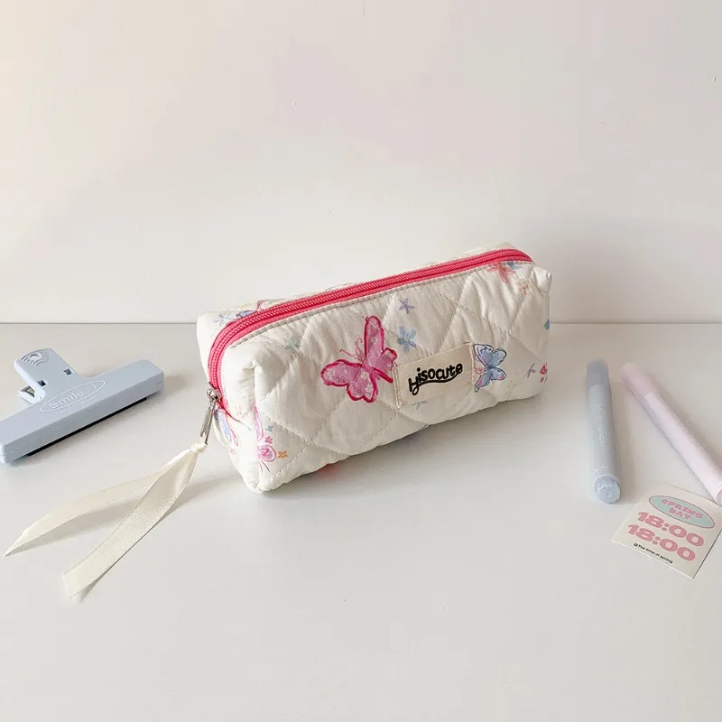1 Piece Korean Fashion Aesthetic Butterfly Pencil Case Print Floral Pink Purple Color Stationery Storage School Student Pen Bag