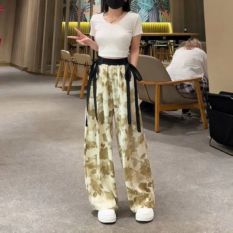 

Summer Chic Style Ink Wash Ice Silk Wide Leg Pants Women Fashion Casual Drawstring Pockets Thin Y2k Trousers 40-90Kg