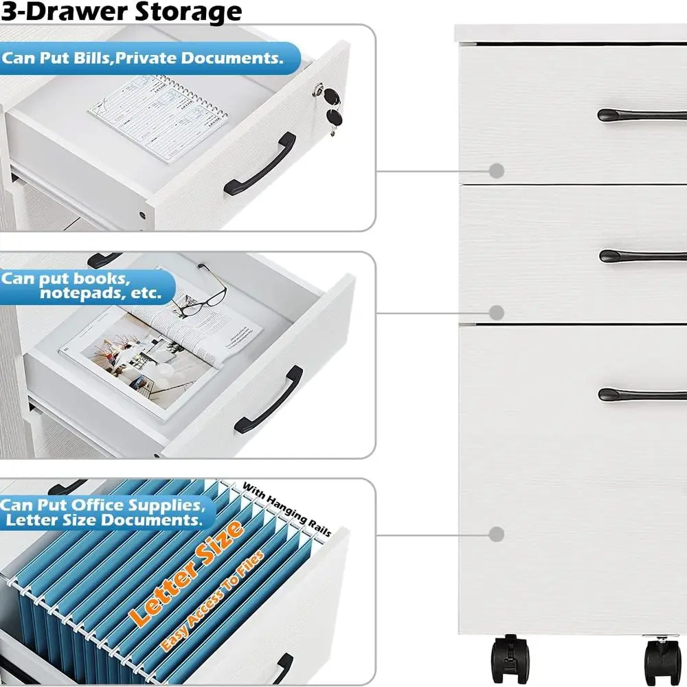 Compact 3-Drawer Wooden File Cabinet for Home Office, Desk-Under Storage Solution in White