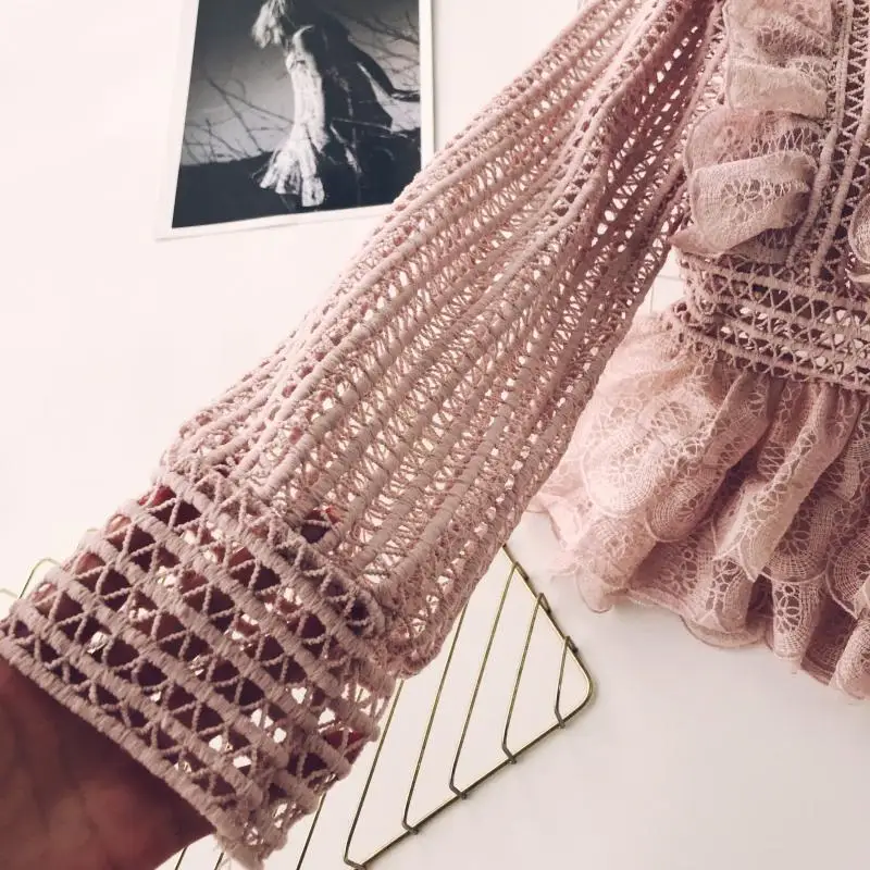 Sweet Hollow Lace Ruffled Shirts Stand Collar Spliced Lace Pleated Blouses 3D Lotus Decor Multi-Layers Long Sleeved OL Tops