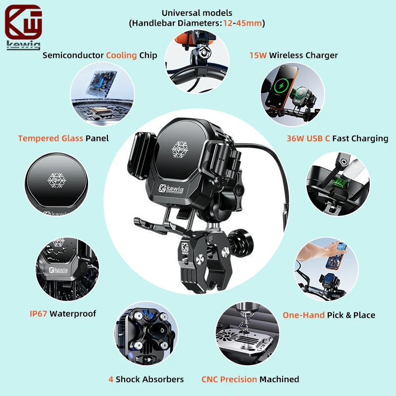 Kewig M33Pro-A6 Motorcycle Phone Holder Qi2 15W Wireless Charge 36W USB C Fast Charge Shockproof With Fan Cooling Phone Mount