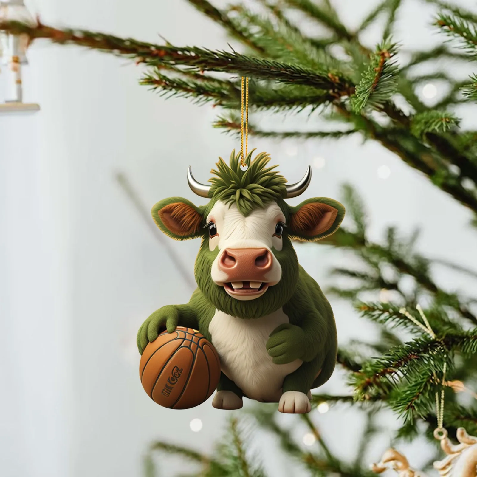 Sport Green Cow And Basketball Christmas Tree Hanging Pendants Acrylic Cute Cow Printed Christmas Ornaments 2023 Navidad Gift