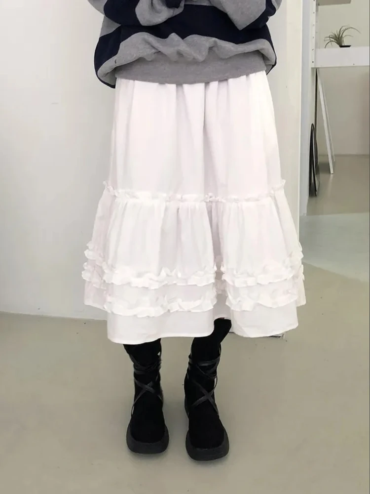 

Ранняя осень, новая японская уличная ретро кружевная юбка с деревянной отделкой ушей, юбка длиной до пола с эластичной резинкой на талии, женская повседневная мода