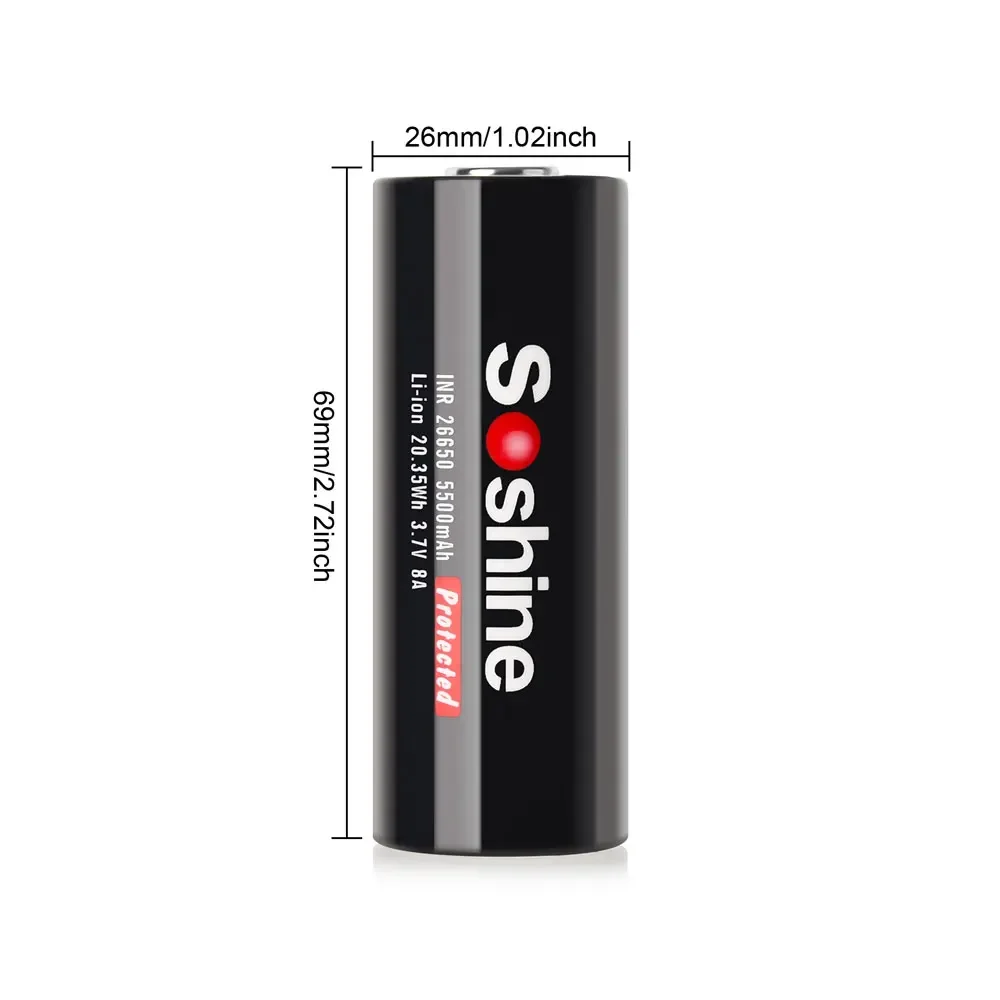 Soshine 5500mAh 26650 3.7V Battery 5500mAh 26650-55A Lithium Rechargeable Battery Suitable for Flashlight Mouse Head Lights Toys