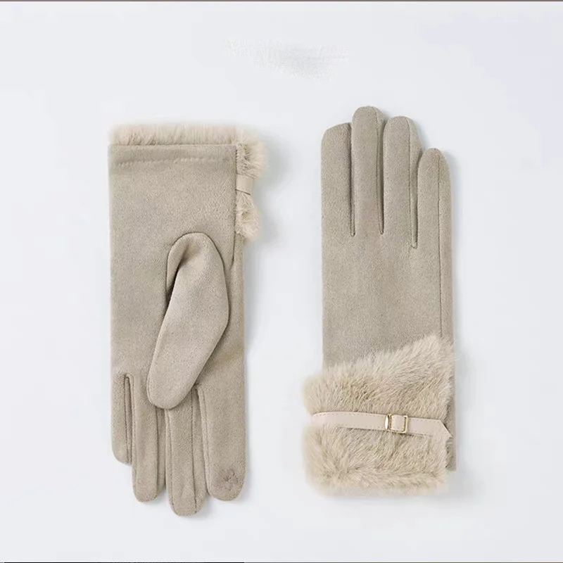 New Women Autumn and Winter Warm Gloves Korean Version Plush Fashionable Temperament Gloves Touch Screen Windproof Suede Gloves