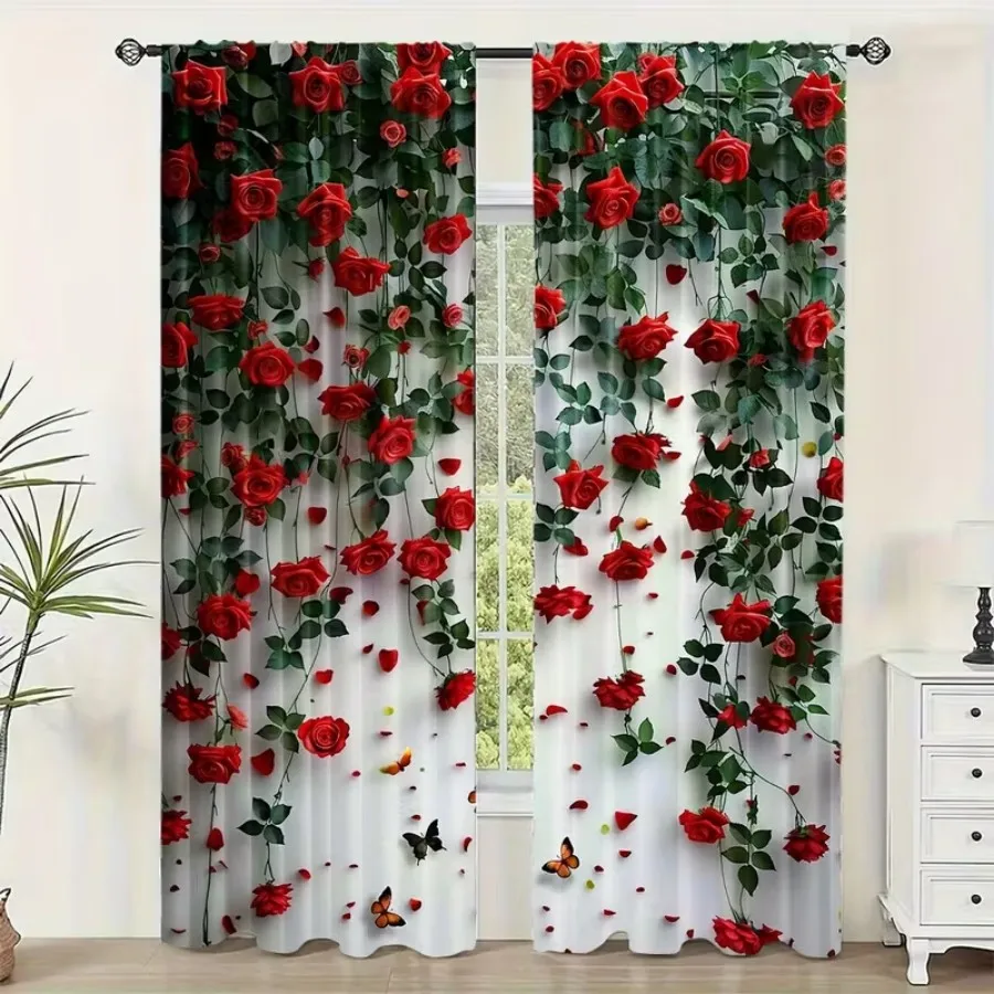 2 PCS White Wall Rose Curtains, Artistic Retro Style Window Drapes for Living Room Bedroom Home Decor Polyester Rod Pocket